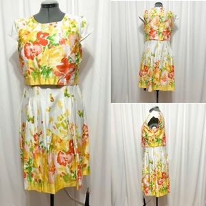 Cheeta B NWOT  Sz 14 White in Summer Color Print Pleated Cup Sleeve Dress